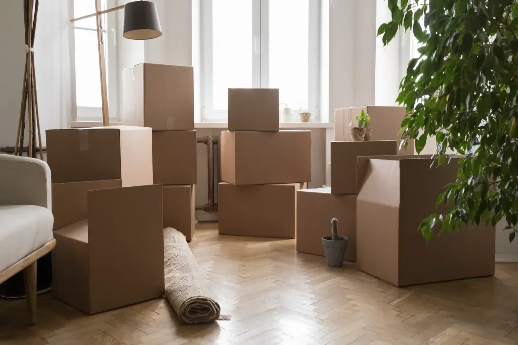 interior room with no people stacks of cardboard boxes rolled carpet furniture plants in pots